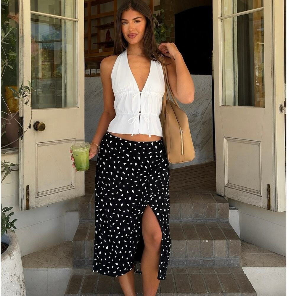 Abercrombie & Fitch Wrap Midi Skirt Black White Polka Dot XS Side Slit Women - Picture 1 of 9